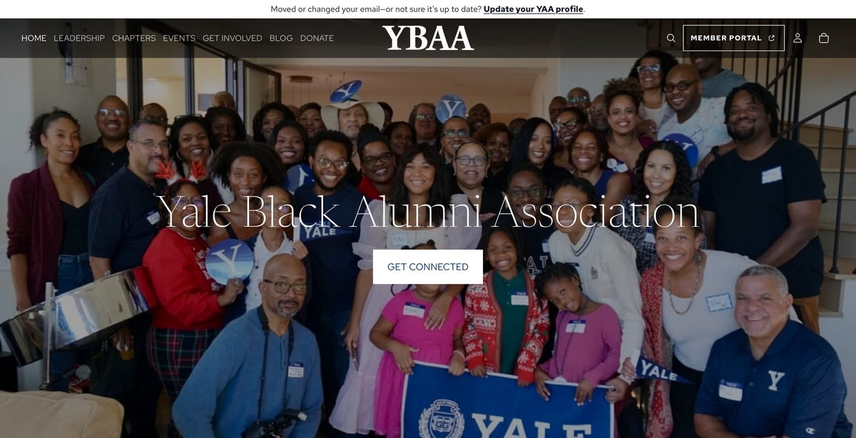 The YBAA homepage, showing members gathered at a Los Angeles reception behind the site’s main navigation